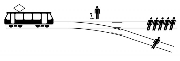 Tram approaching a railway crossing with pedestrians and a signalman.