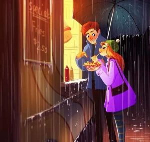 Romantic couple sharing fries under an umbrella in the rain.