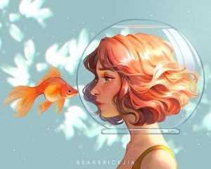 Girl with orange hair in a fishbowl, next to a goldfish. Thalassophobia.