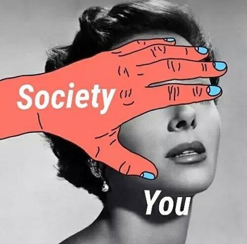 Hand obscuring woman's eyes; text reads "Society" on hand and "You" below. Illustrative style.