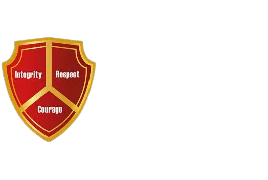Shield emblem with integrity, respect, courage.
