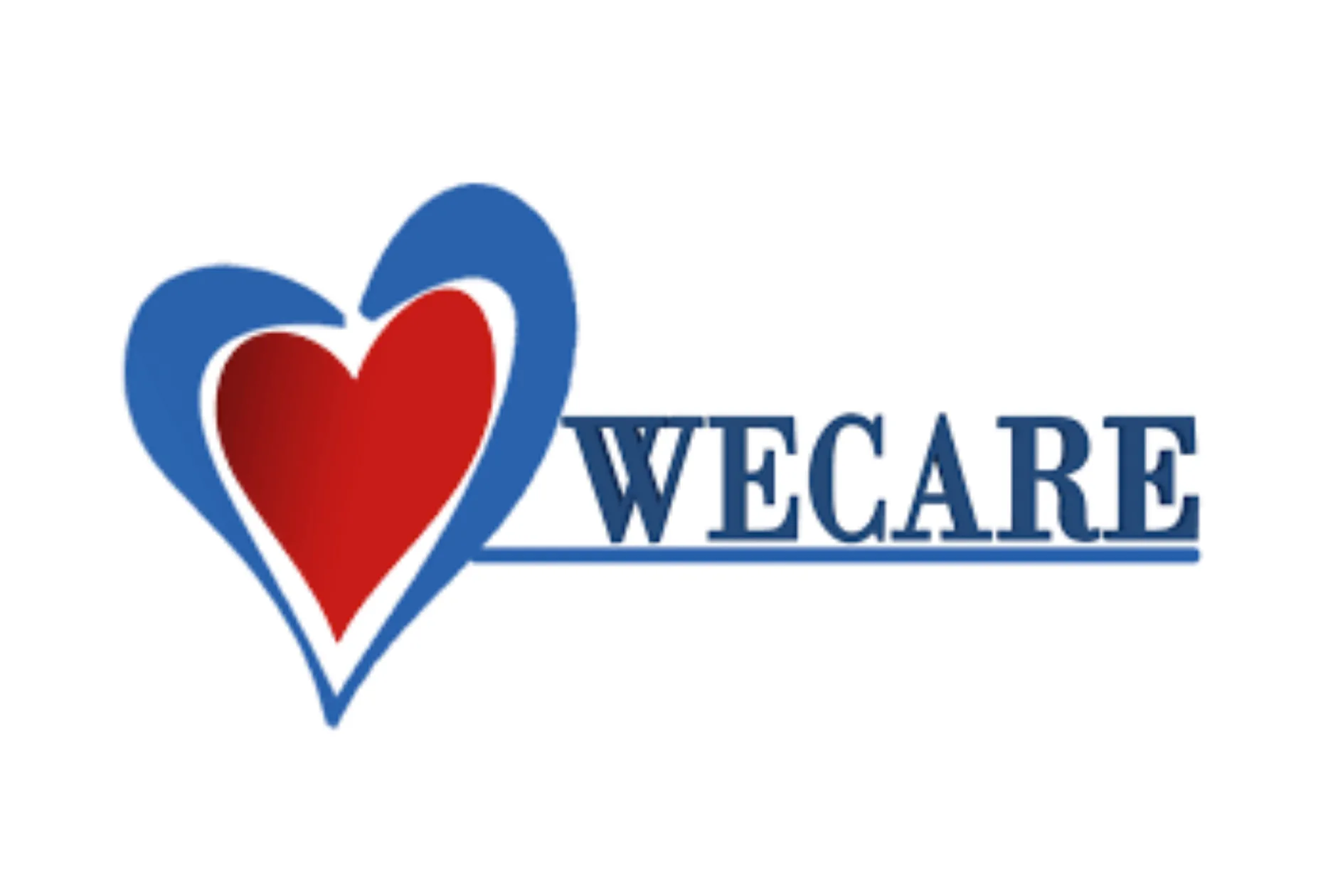 WeCare logo with red heart and blue outline.