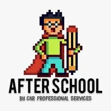 Pixel art superhero with pencil, after-school program logo.