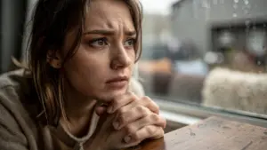Woman looking pensive near rainy window.