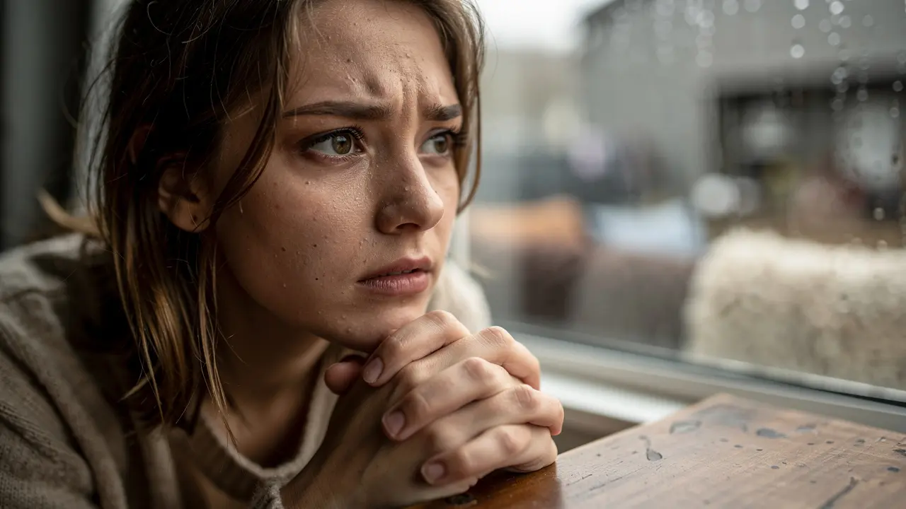 Woman looking pensive near rainy window.