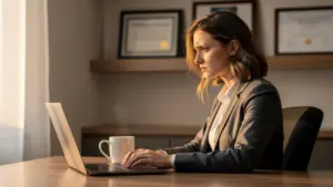 Woman working on laptop in office