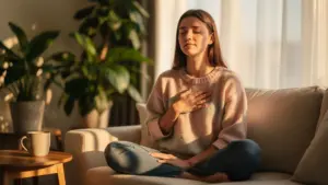 Woman meditating on couch in sunlight with plants