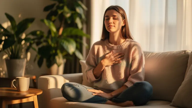 Woman meditating on couch in sunlight with plants