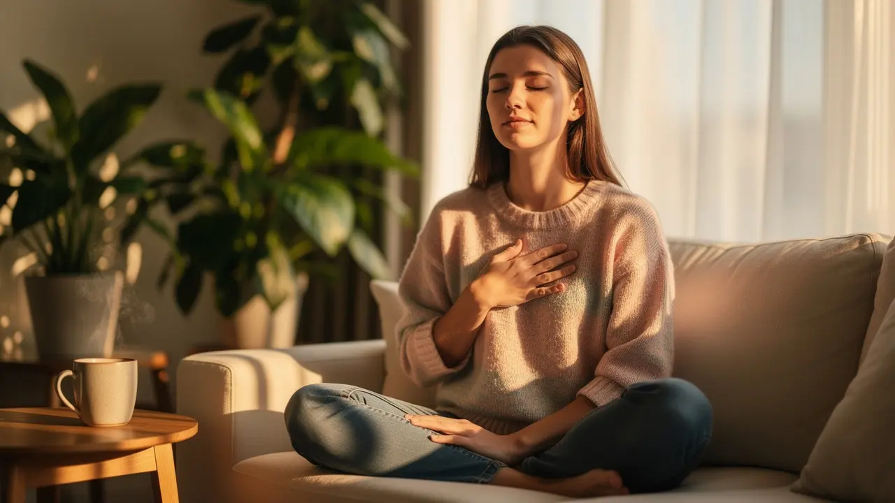 Woman meditating on couch in sunlight with plants