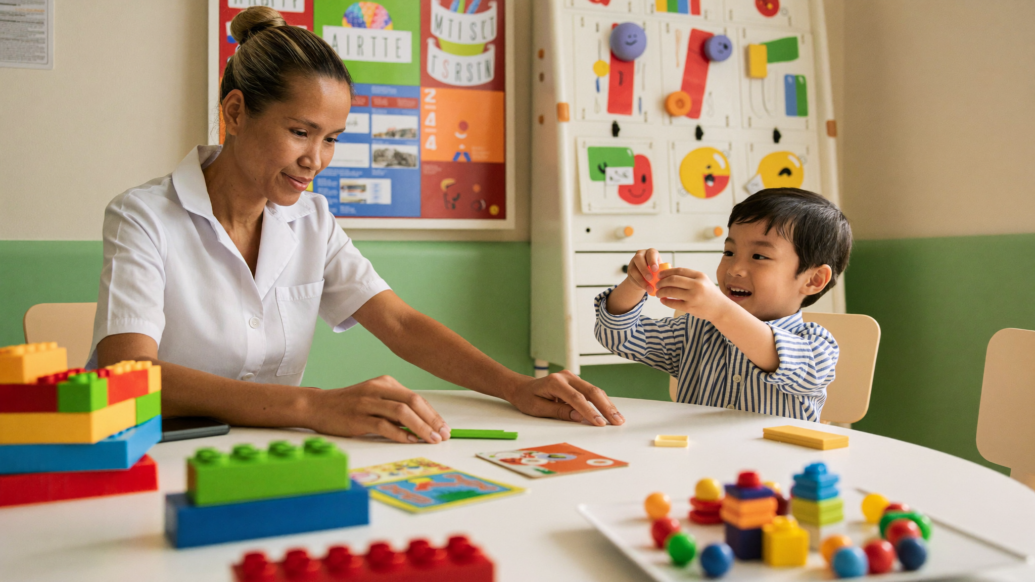 Child psychologist conducting playful ADHD assessment with a child