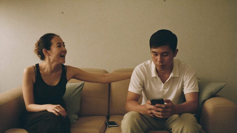 A woman speaking to her partner on a sofa while he looks down at his phone