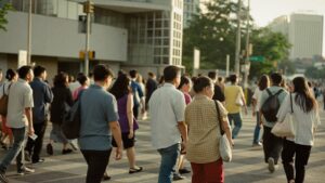 A crowd of pedestrians crossing a Kuala Lumpur street in the late afternoon
