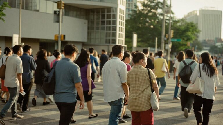 A crowd of pedestrians crossing a Kuala Lumpur street in the late afternoon