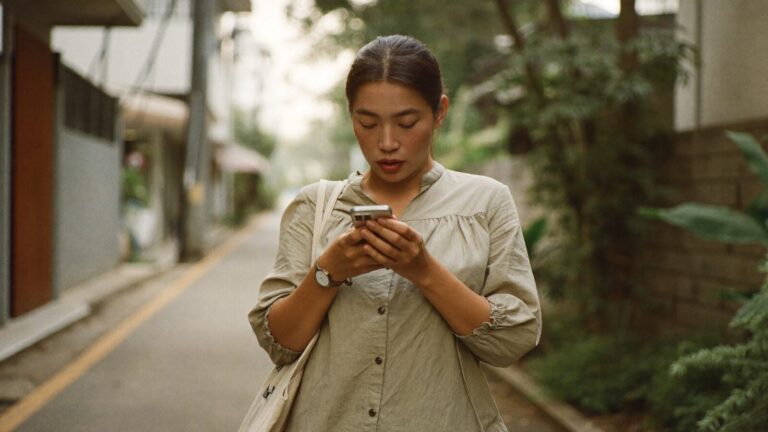 A woman checking her phone on a leafy Kuala Lumpur street while looking for a psychologist
