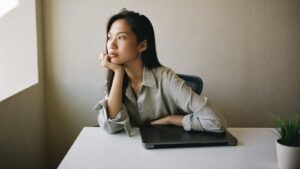 A young woman sitting alone at her desk with a doubtful, faraway expression