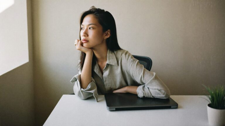 A young woman sitting alone at her desk with a doubtful, faraway expression