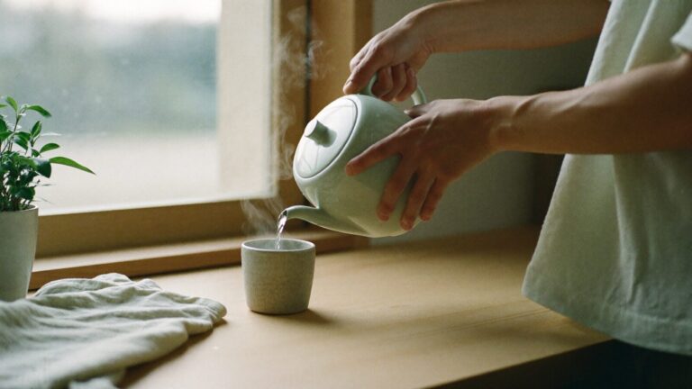 Hands pouring hot water into a ceramic cup by a kitchen window in the early morning