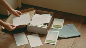 An open box of loose printed photographs spilling onto a timber floor