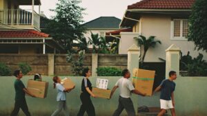 Neighbours passing boxes of groceries hand to hand along a fence in a Malaysian neighbourhood