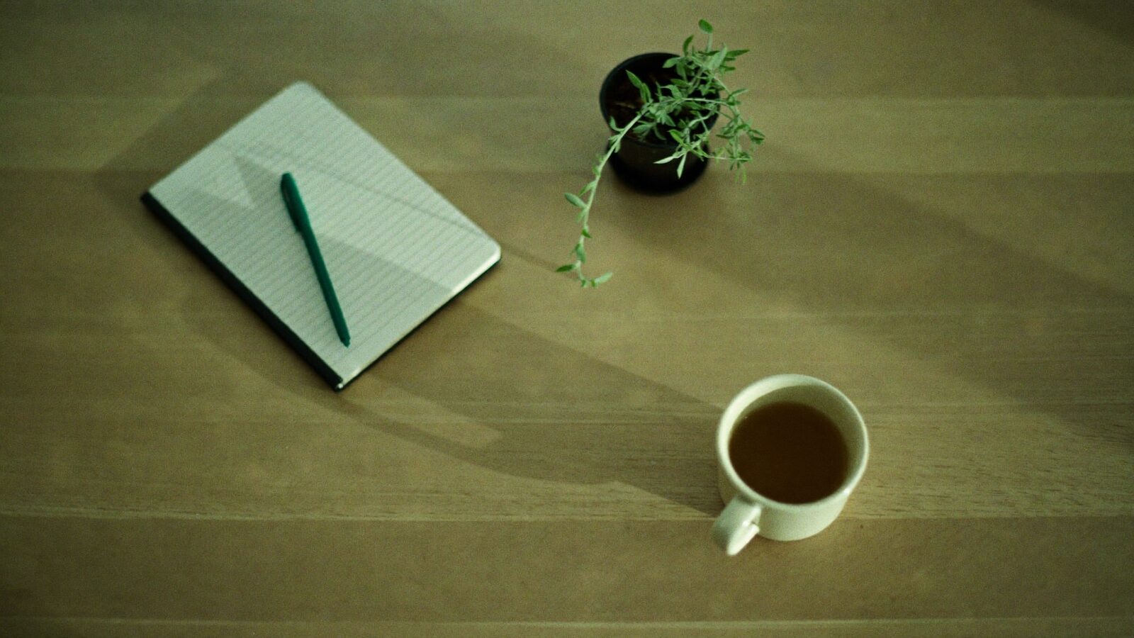 A closed notebook, pen and cup of tea on a desk, set up for a DASS-21 self-assessment
