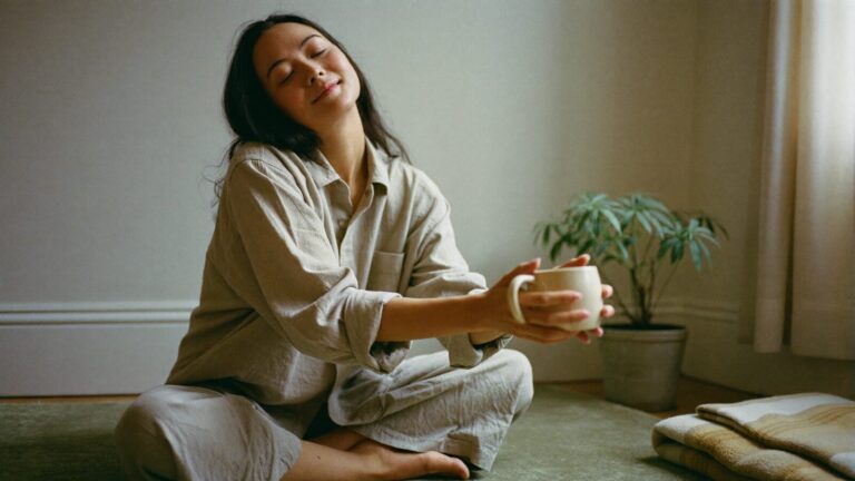 A woman sitting on a rug at home with her eyes closed, holding a warm mug in both hands